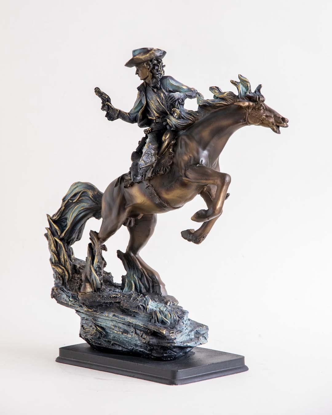 Artisan Cowboy Riding Horse Statue