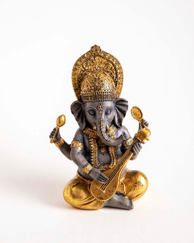 Lord Ganesh Playing Lute - Black & Gold