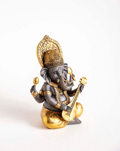 Lord Ganesh Playing Lute - Black & Gold