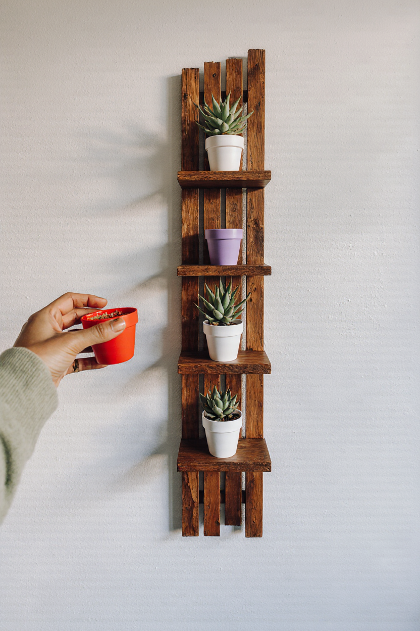 Wooden Vertical Wall Planter Shelf with Succulent Pots