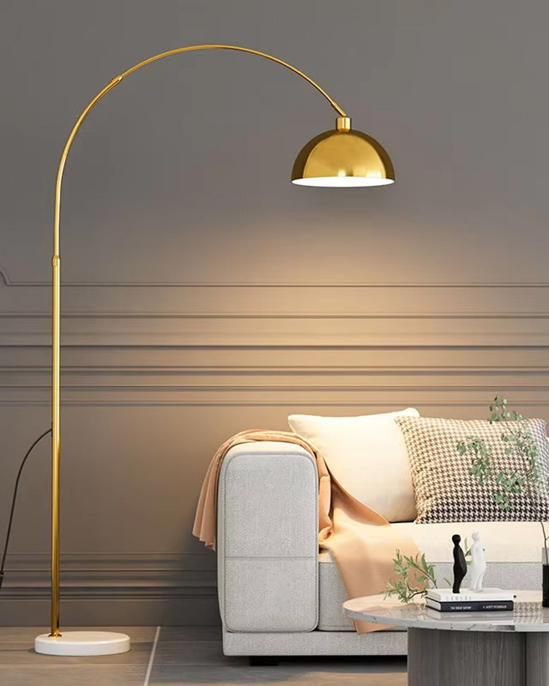 Golden Arc Floor Lamp with Dome Shade