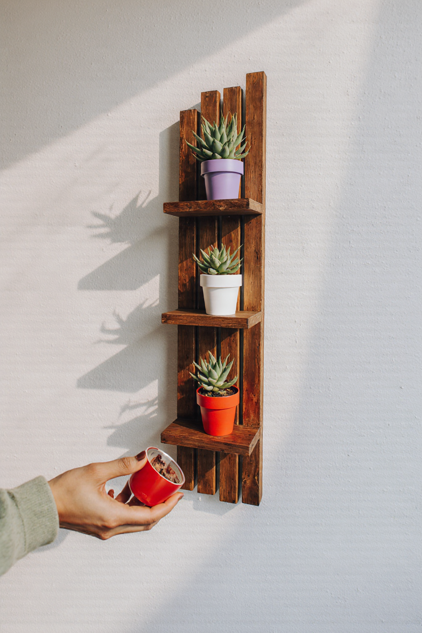 Wooden Vertical Wall Planter Shelf with Succulent Pots