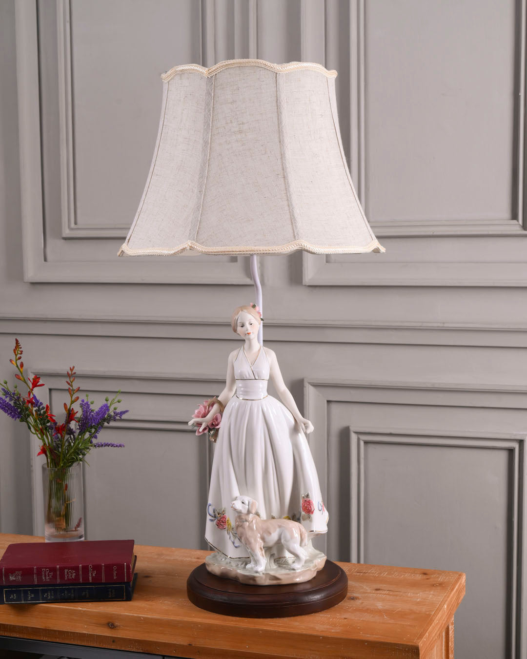 Victorian Floral Lady & Pup - Fine Porcelain Table Lamp