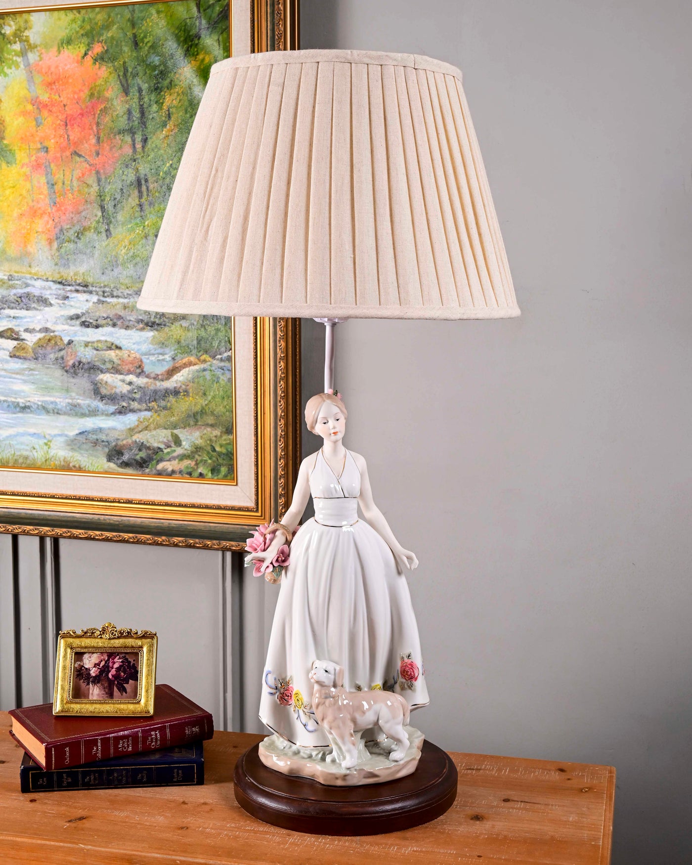 Victorian Floral Lady & Pup - Fine Porcelain Table Lamp