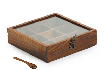 Handcrafted Sheesham Wood Spice Box with Spoon – 9 Partition Masala Dabba