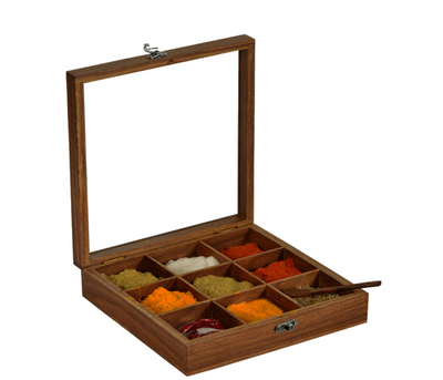 Handcrafted Sheesham Wood Spice Box with Spoon – 9 Partition Masala Dabba