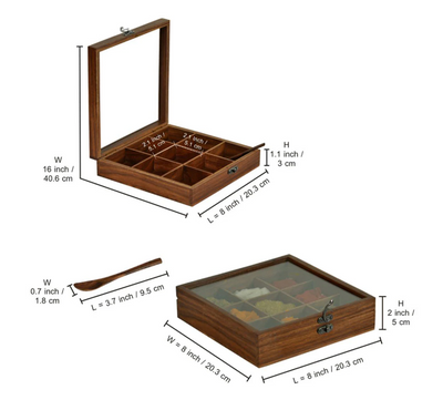 Handcrafted Sheesham Wood Spice Box with Spoon – 9 Partition Masala Dabba