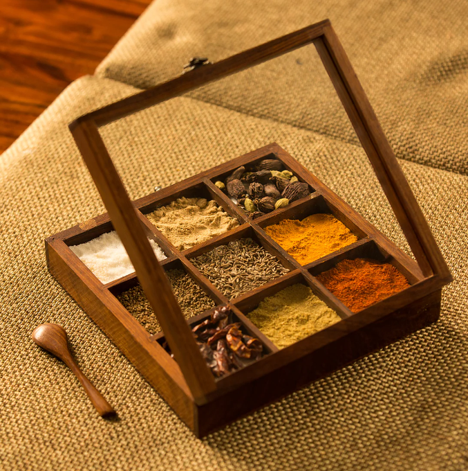 Handcrafted Sheesham Wood Spice Box with Spoon – 9 Partition Masala Dabba
