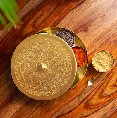Handcrafted Brass Spice Box with Spoon (7 Containers, 100 ML)