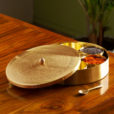 Handcrafted Brass Spice Box with Spoon (7 Containers, 100 ML)