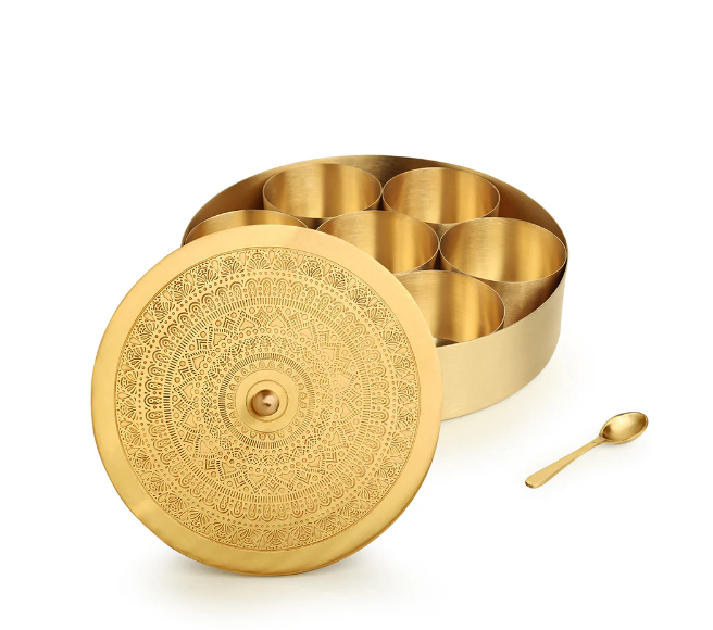 Handcrafted Brass Spice Box with Spoon (7 Containers, 100 ML)