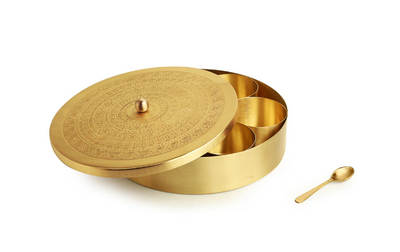 Handcrafted Brass Spice Box with Spoon (7 Containers, 100 ML)