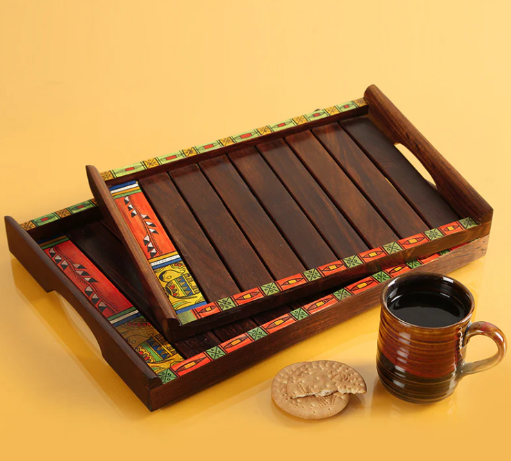 Hand-Painted Nested Trays In Sheesham Wood (Set Of 2)