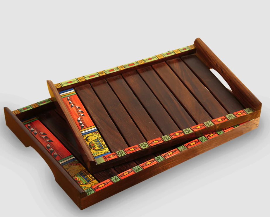 Hand-Painted Nested Trays In Sheesham Wood (Set Of 2)