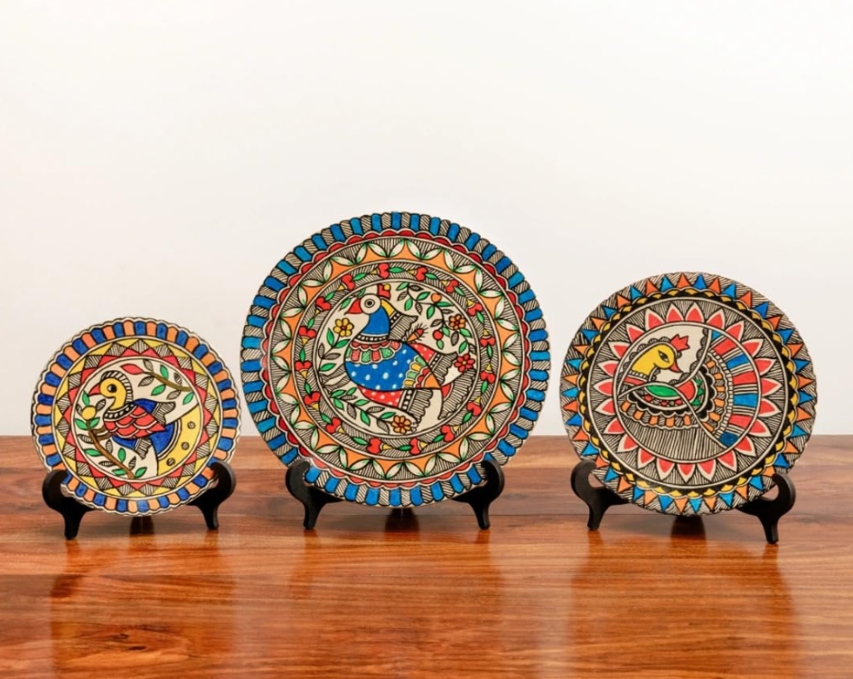 Hand Painted Madhubani Art on Wood – Peacock Harmony Décor Plates (Set of 3)