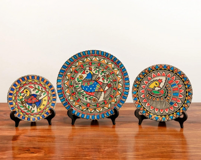 Hand Painted Madhubani Art on Wood – Peacock Harmony Décor Plates (Set of 3)