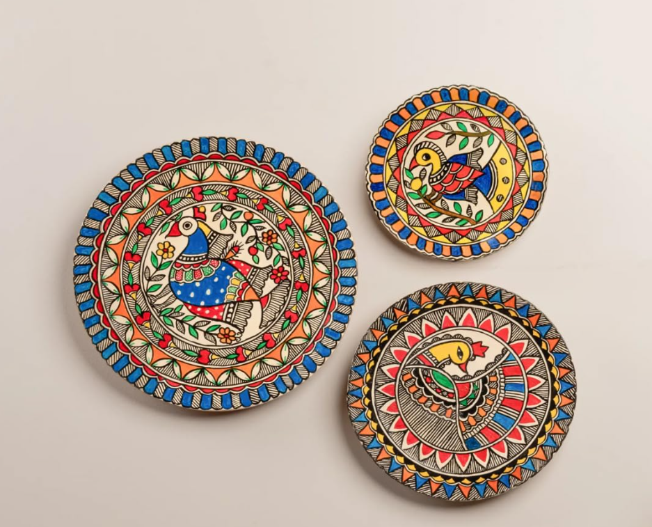 Hand Painted Madhubani Art on Wood – Peacock Harmony Décor Plates (Set of 3)