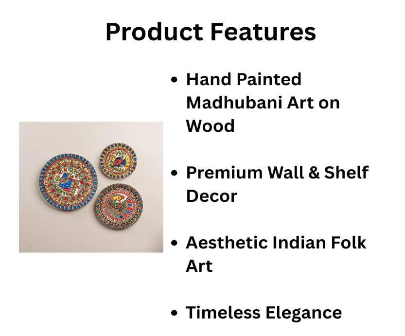 Hand Painted Madhubani Art on Wood – Peacock Harmony Décor Plates (Set of 3)