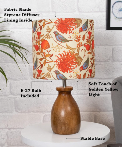 Dovel Pot Table Lamp – Wooden Base with Hand-Painted Birds | Elegant Night Lamp for Bedroom, Living Room & Home Décor