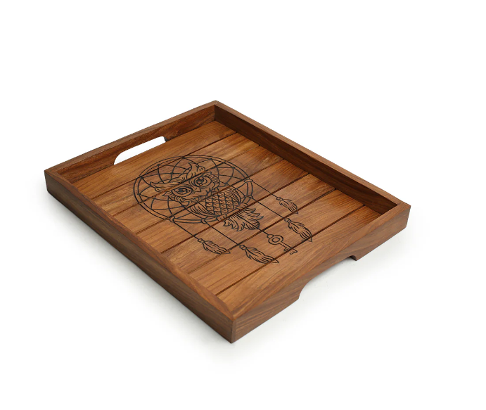 Wise Owl Hand-Carved Serving Tray – Premium Sheesham Wood