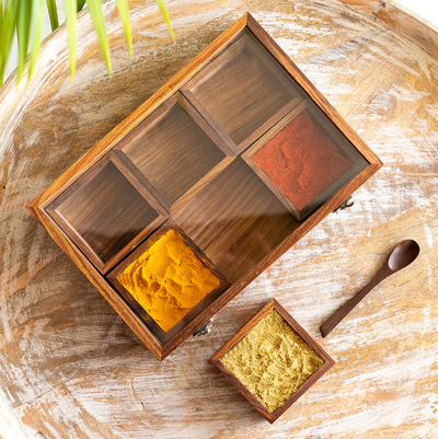 Masala Blends Handcrafted Spice Box with Spoon – Sheesham Wood (6 Large Containers, 120 ml)