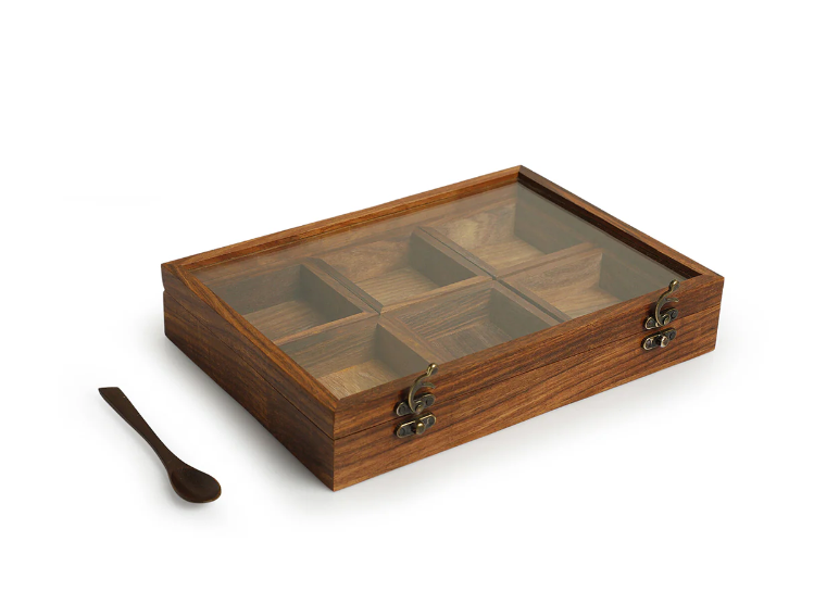 Masala Blends Handcrafted Spice Box with Spoon – Sheesham Wood (6 Large Containers, 120 ml)