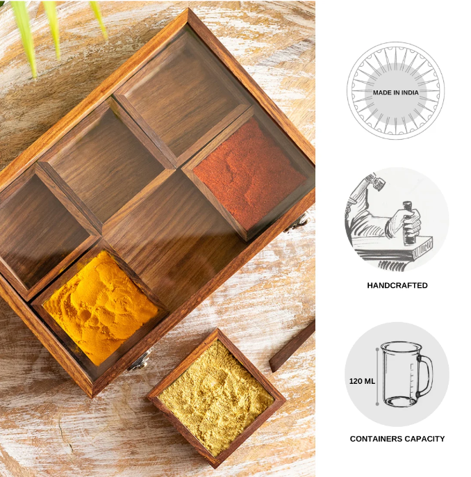 Masala Blends Handcrafted Spice Box with Spoon – Sheesham Wood (6 Large Containers, 120 ml)