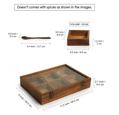 Masala Blends Handcrafted Spice Box with Spoon – Sheesham Wood (6 Large Containers, 120 ml)