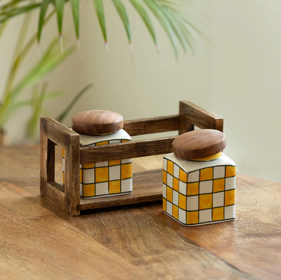 Shatranj Checkered Hand-Painted Ceramic Storage Jars with Wooden Holder – Set of 2 (240 ml Each, Air-Tight)