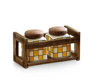 Shatranj Checkered Hand-Painted Ceramic Storage Jars with Wooden Holder – Set of 2 (240 ml Each, Air-Tight)