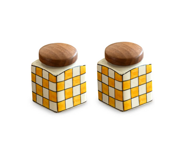 Shatranj Checkered Hand-Painted Ceramic Storage Jars with Wooden Holder – Set of 2 (240 ml Each, Air-Tight)