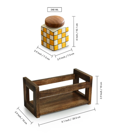 Shatranj Checkered Hand-Painted Ceramic Storage Jars with Wooden Holder – Set of 2 (240 ml Each, Air-Tight)