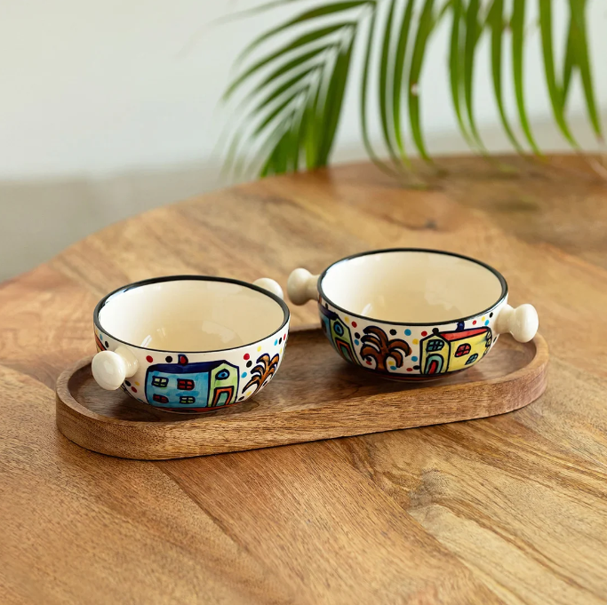 Hand-Painted Ceramic Serving Bowls with Wooden Tray – Set of 2 (260 ml Each)
