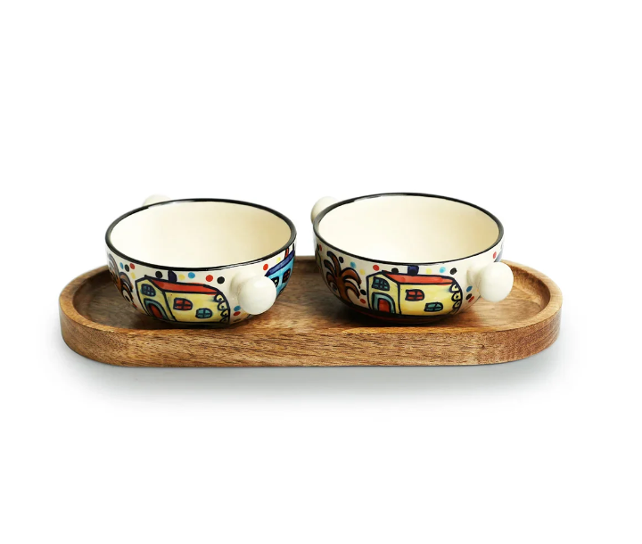 Hand-Painted Ceramic Serving Bowls with Wooden Tray – Set of 2 (260 ml Each)