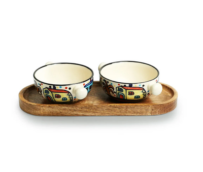 Hand-Painted Ceramic Serving Bowls with Wooden Tray – Set of 2 (260 ml Each)