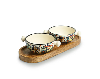 Hand-Painted Ceramic Serving Bowls with Wooden Tray – Set of 2 (260 ml Each)