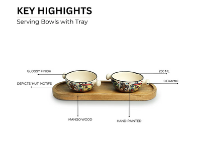 Hand-Painted Ceramic Serving Bowls with Wooden Tray – Set of 2 (260 ml Each)