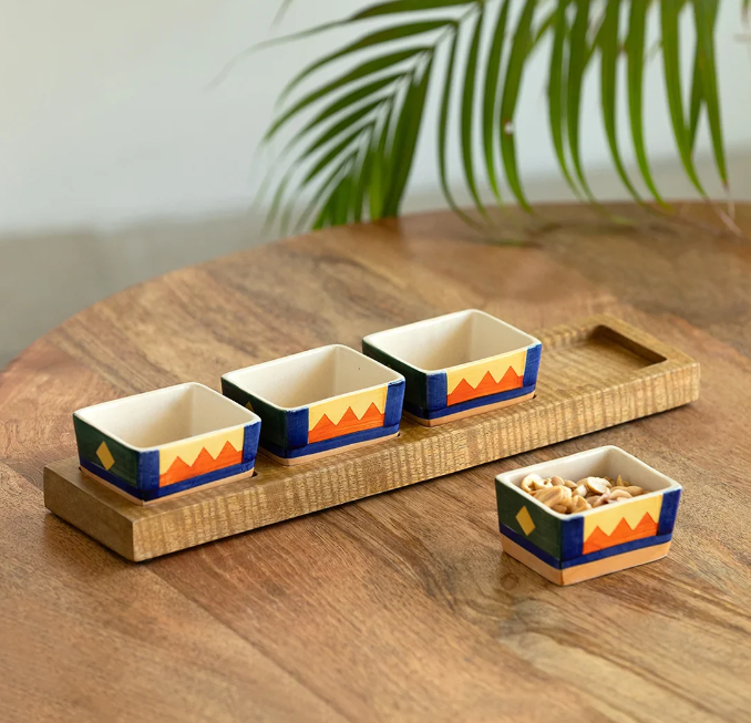 Geometric Landscape Hand-Painted Ceramic Chutney & Dip Bowls with Wooden Tray – Set of 4 (80 ml Each)