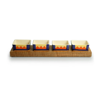 Geometric Landscape Hand-Painted Ceramic Chutney & Dip Bowls with Wooden Tray – Set of 4 (80 ml Each)