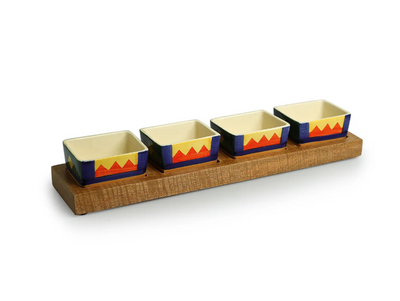 Geometric Landscape Hand-Painted Ceramic Chutney & Dip Bowls with Wooden Tray – Set of 4 (80 ml Each)