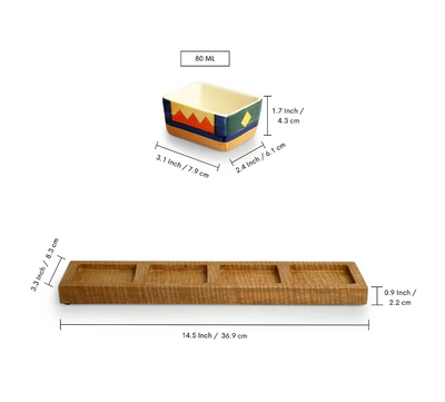 Geometric Landscape Hand-Painted Ceramic Chutney & Dip Bowls with Wooden Tray – Set of 4 (80 ml Each)