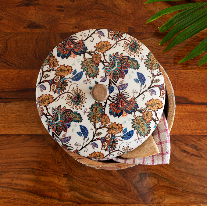 Floral Chronicles Hand-Enamelled Chapati Box with Lid – Mango Wood (20.3 cm, 1140 ml)