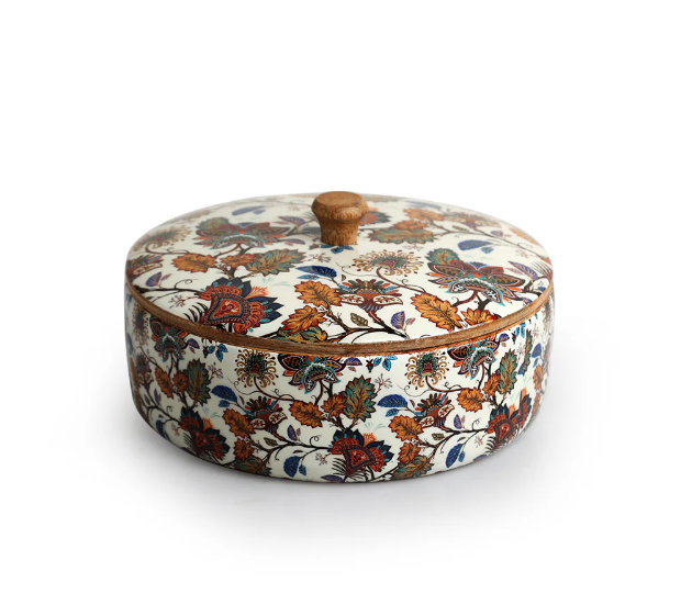 Floral Chronicles Hand-Enamelled Chapati Box with Lid – Mango Wood (20.3 cm, 1140 ml)