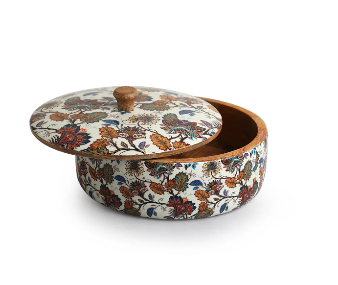 Floral Chronicles Hand-Enamelled Chapati Box with Lid – Mango Wood (20.3 cm, 1140 ml)