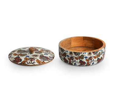Floral Chronicles Hand-Enamelled Chapati Box with Lid – Mango Wood (20.3 cm, 1140 ml)