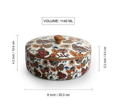 Floral Chronicles Hand-Enamelled Chapati Box with Lid – Mango Wood (20.3 cm, 1140 ml)