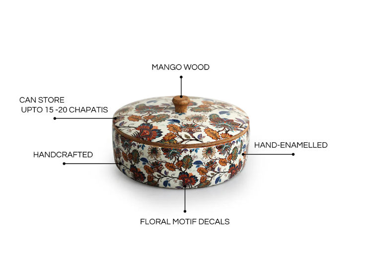 Floral Chronicles Hand-Enamelled Chapati Box with Lid – Mango Wood (20.3 cm, 1140 ml)