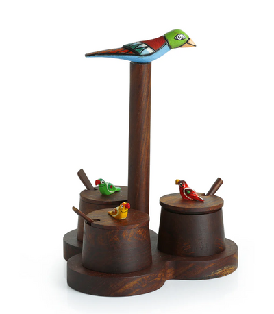 The Perched Family Handcrafted Jar Set with Tray & Spoons – Sheesham Wood