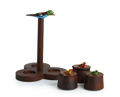 The Perched Family Handcrafted Jar Set with Tray & Spoons – Sheesham Wood