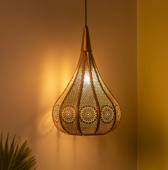 Moroccan Flame Hand-Etched Pendant Lamp – Iron, 33 cm (Matte Finish)